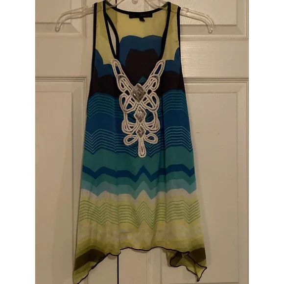 HeartSoul HS Asymmetrical Boho Crochet Sleeveless Blouse Striped M Medium - Picture 1 of 10